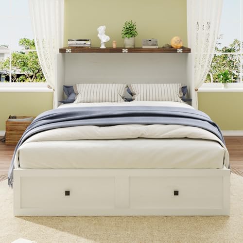 Queen Size Murphy Bed with Charging Station, Cabinet Bed with Large Storage Drawer for Home Office or Small Room, Hideaway Full Foldable Platform Bed