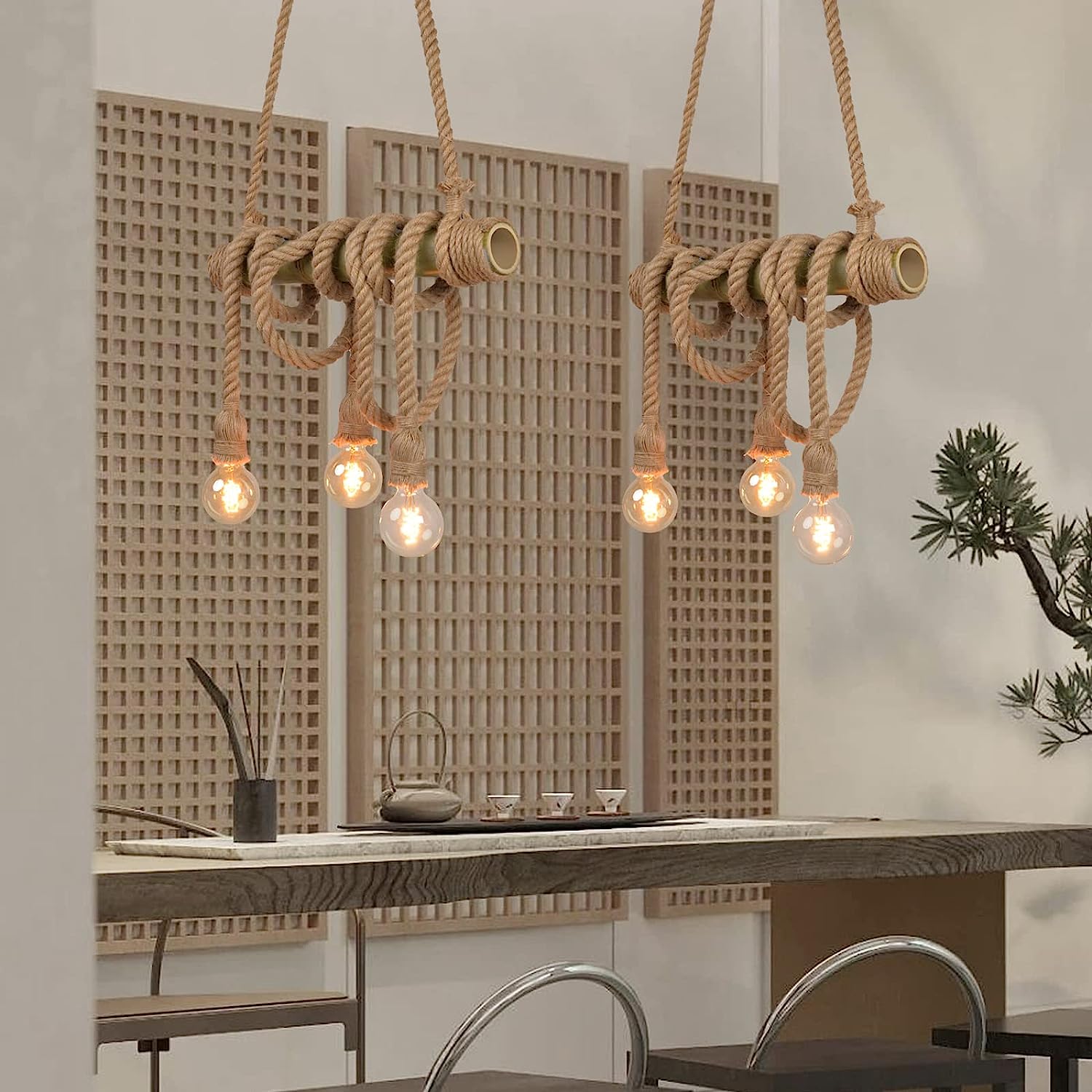 Arturesthome 6 Heads Hemp Rope Pendant Light, Vintage Bamboo Chandeliers Fixture Kitchen Island
