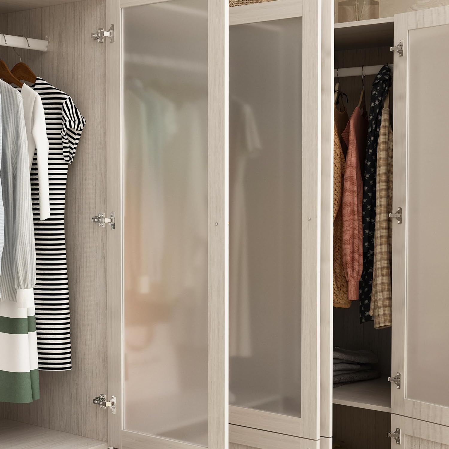 Homsee Extra Large L-Shape Armoire Wardrobe Closet with 6 Frosted Glass Doors, Hanging Bars, Shelves & Drawers