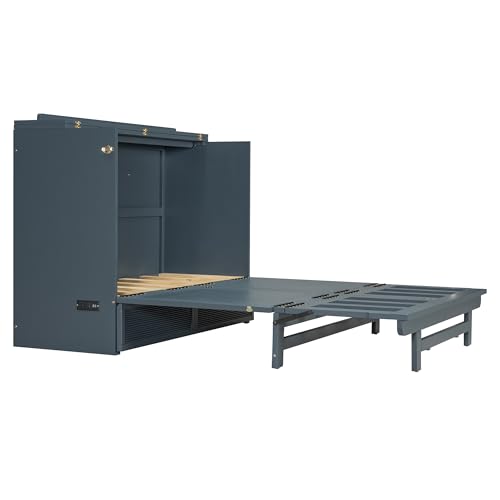 Merax Full Size Murphy Bed Cabinet with USB Charging Station and Large Storage Drawer, Foldable Pull Out Murphy Chest Bed for Apartments, Bedrooms