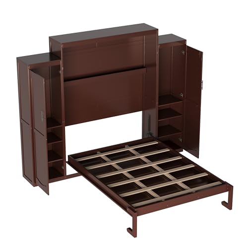 Queen Size Murphy Bed Wall Cabinet with 2 Wardrobe and Storage Shelf, Wooden Murphy Cube Wall Bed