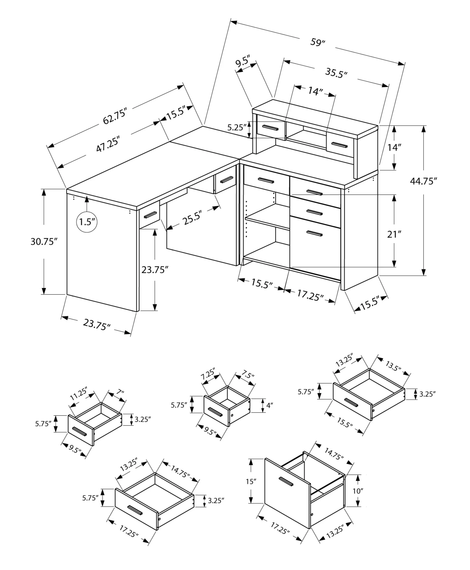 Computer Desk - L-Shaped / Corner / Hutch / 8 Drawers / 3 Cubbies / Reversible - 63"L X 59"W - White
