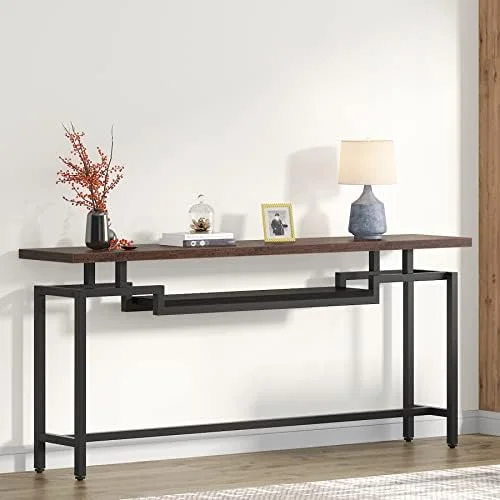 KHBIULIFE 70 inch Sofa Table  Narrow Long Console Table with 2 Tiers  Industiral TV Console Behind Couch Table with  for Entryway  Living Room  Brown