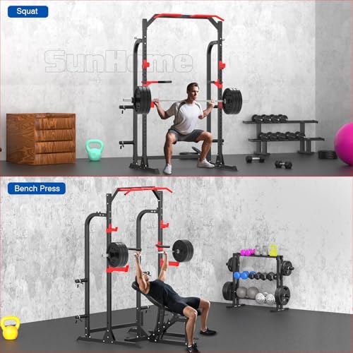 SunHome Power Cage Squat Rack, Multi-Functional Power Rack with Adjustable Cable Crossover System, J-Hooks, Dip Handles, Weight Plate Storage
