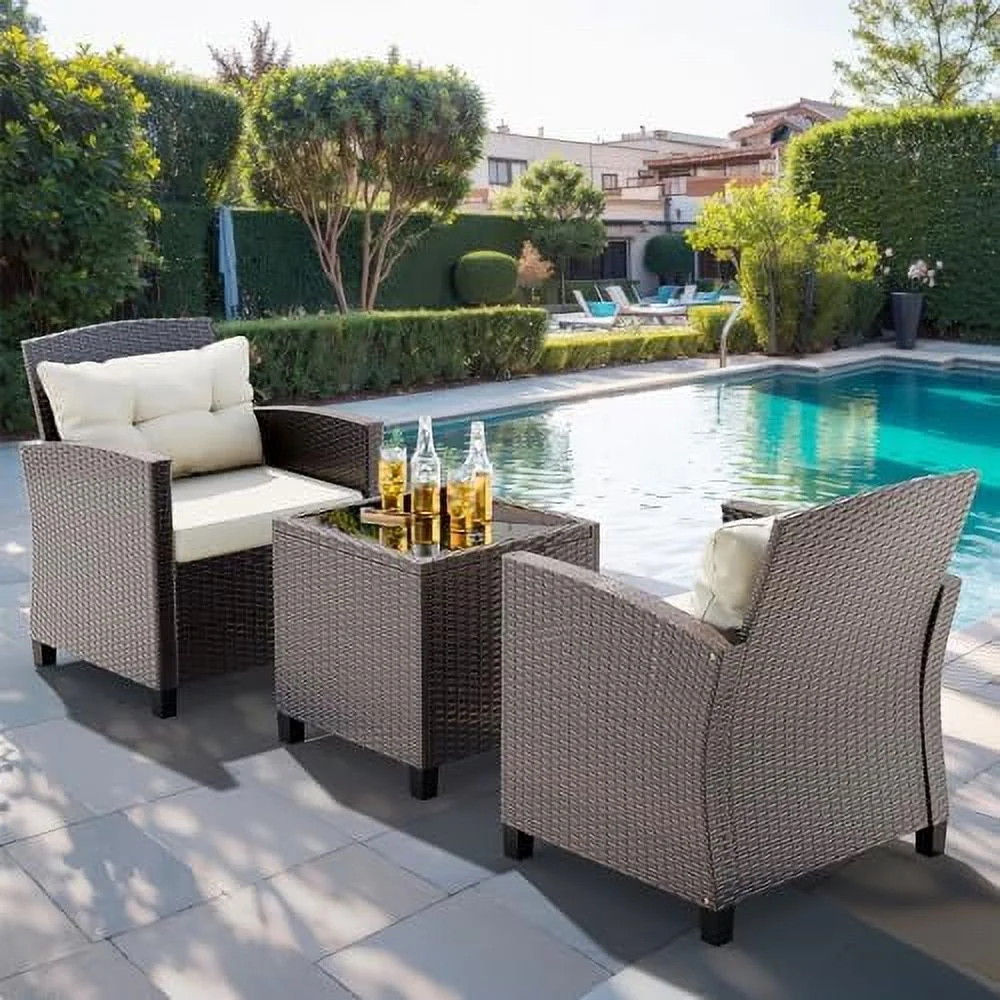 YPDCHB 3 Pieces Wicker Patio  Set Outdoor  Wicker Chairs Conversation Set Small Patio  for Apartment Balcony Bistro  Gray - Curated Treasures Market