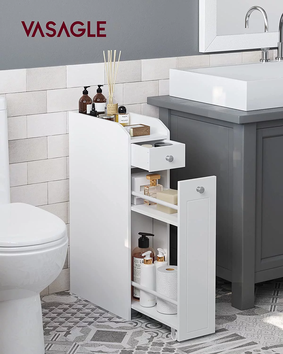 WANHUI Small Bathroom Storage Cabinet, Slim Bathroom Storage Organizer, Toilet Paper Holder with Storage