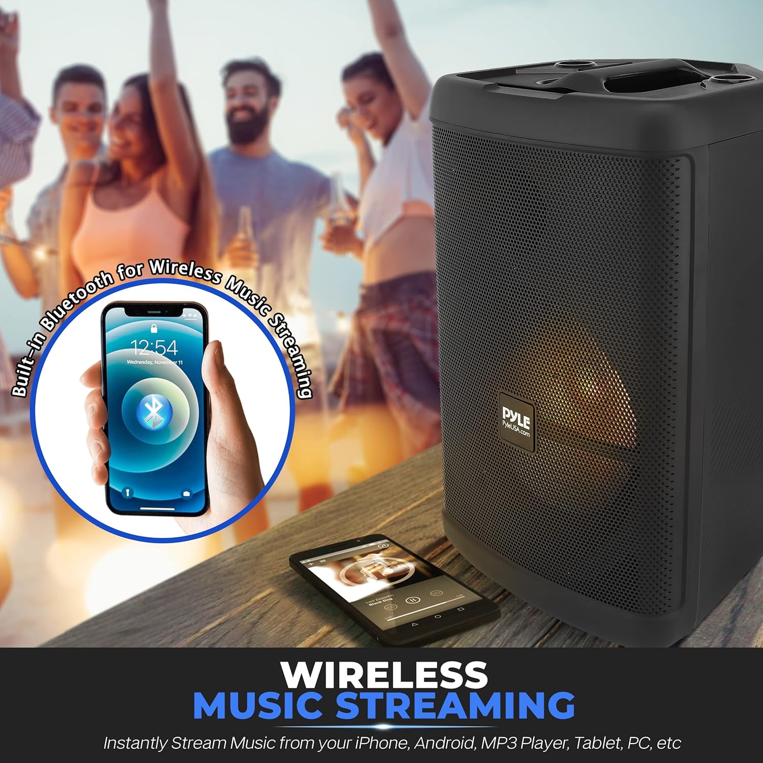 Pyle Portable Bluetooth PA Speaker - 500W 15” Rechargeable Outdoor BT Karaoke Audio System - TWS, Party Lights, LED Display, FM/AUX/MP3/USB/SD