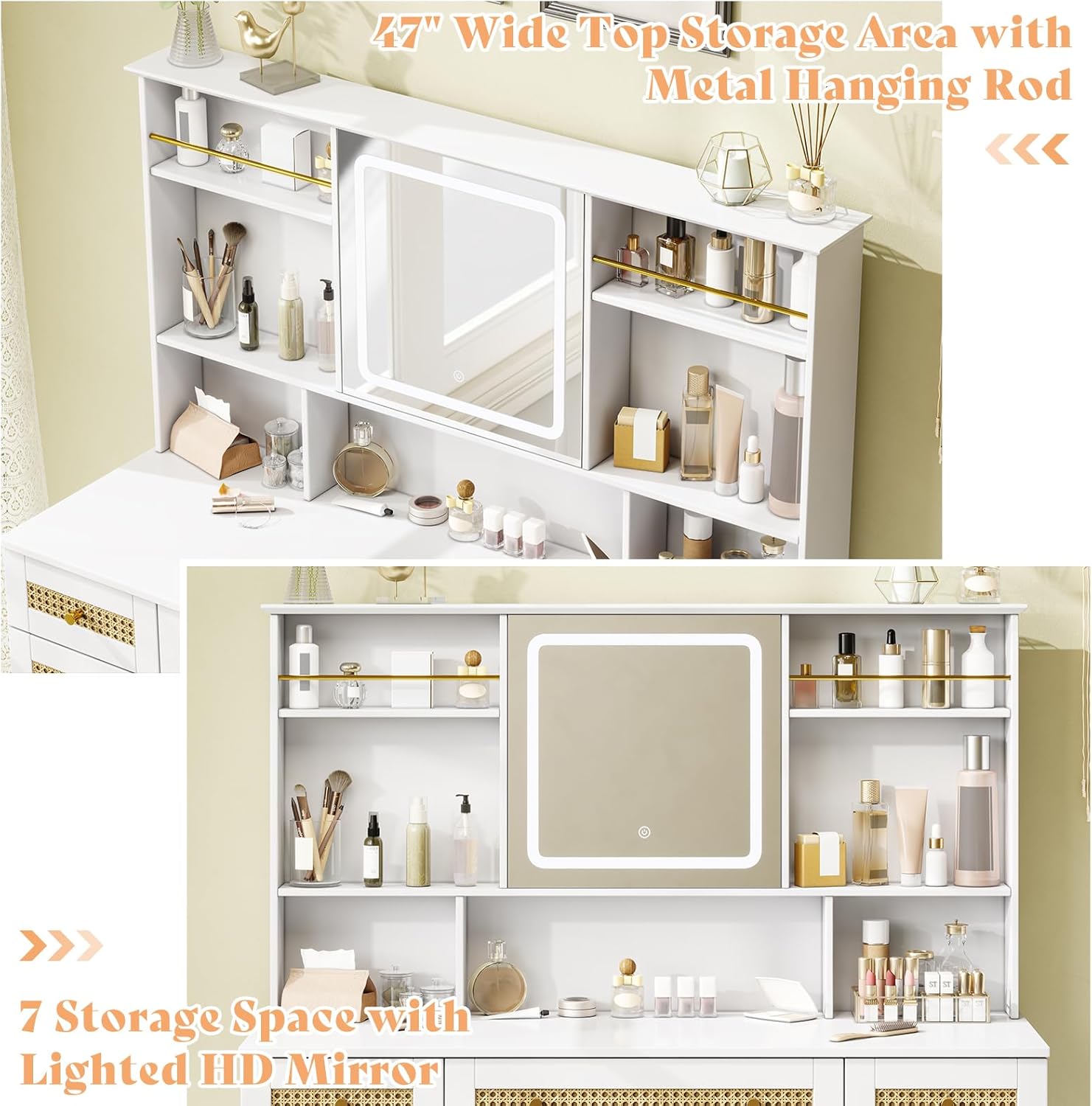 AMERLIFE 47in Rattan Makeup Vanity Desk with Mirror and Lights, Modern Big Vanity Table with Drawers & Shelves