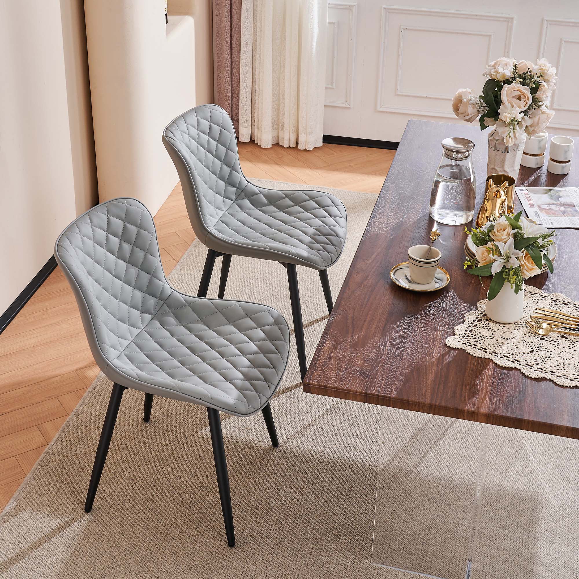 YOUNIKE Dining Chairs Set of 2 PU Leather Diamond Grid Upholstered Modern Dining Room Side Chair, Gray