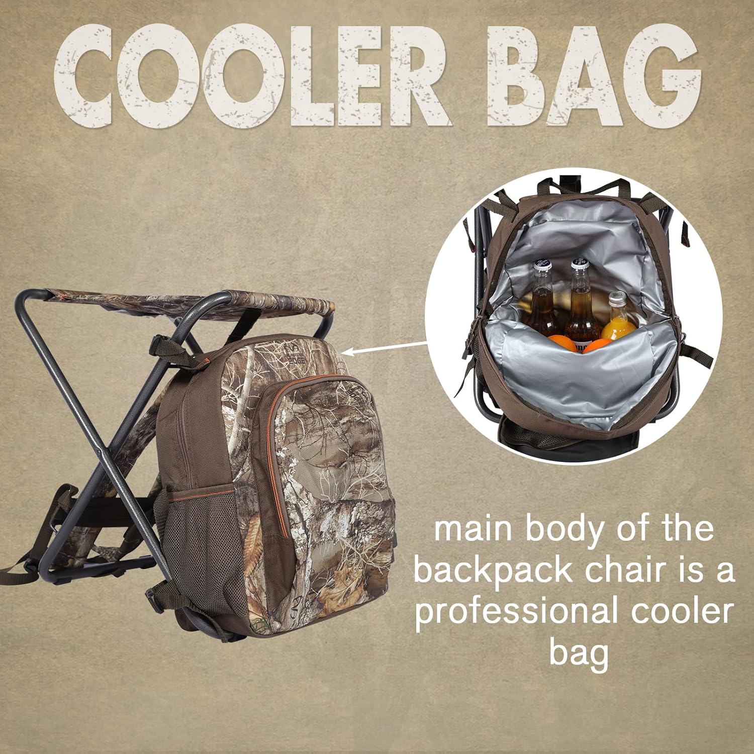TIMBER RIDGE 3 in 1 Cooler Backpack Foldable Fishing Chair with Cooler Bag, Compact Lightweight and Portable for Outdoor, Camping, Hiking(CAMO)