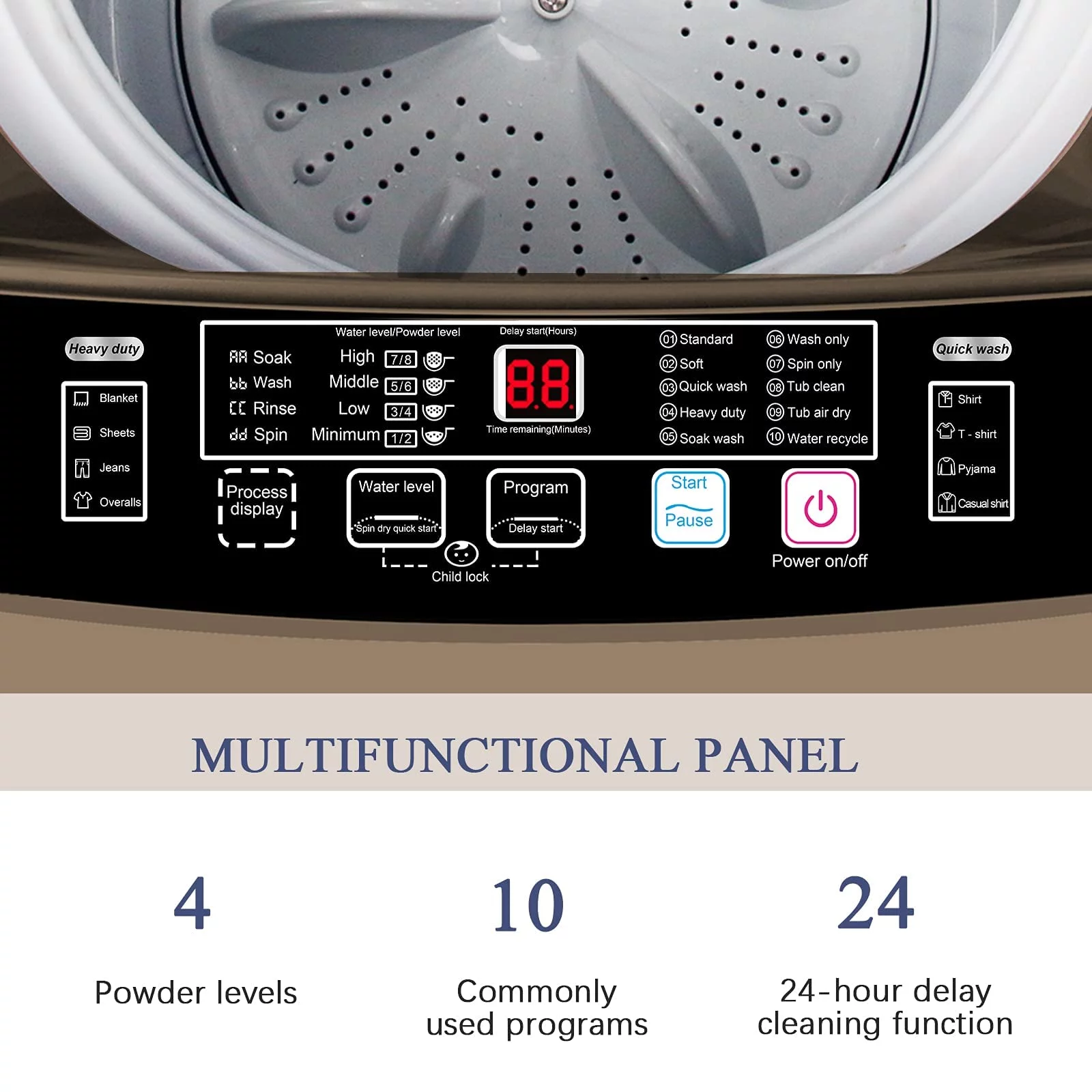 GGTB Portable Washing Machine, 1.9 Cu.ft Fully Automatic Compact Washer, 10 Wash Programs Washer with Drain Pump for Apartments, RVs, Camping