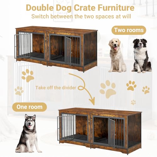 Rovibek 86" Stackable Dog Kennel Furniture with Removable Divider & 3 Doors, Double Dog Crates Furniture for 2 Dogs, Corner Dog Crate Furniture