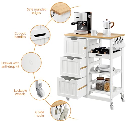Yaheetech Kitchen Island Cart on Wheels with Bamboo Countertop, Rolling Serving Utility Trolley Cart with 3 Drawers