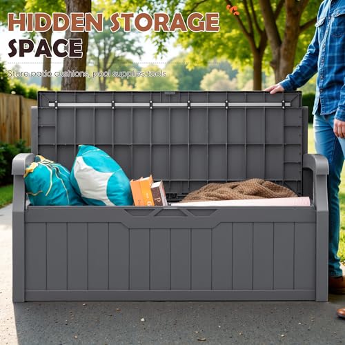JUMMICO 80 Gallon Resin Outdoor Storage Bench, Large Deck Box with Armrest, Lockable & Waterproof for Garden, Home, Patio, Pools (Black)