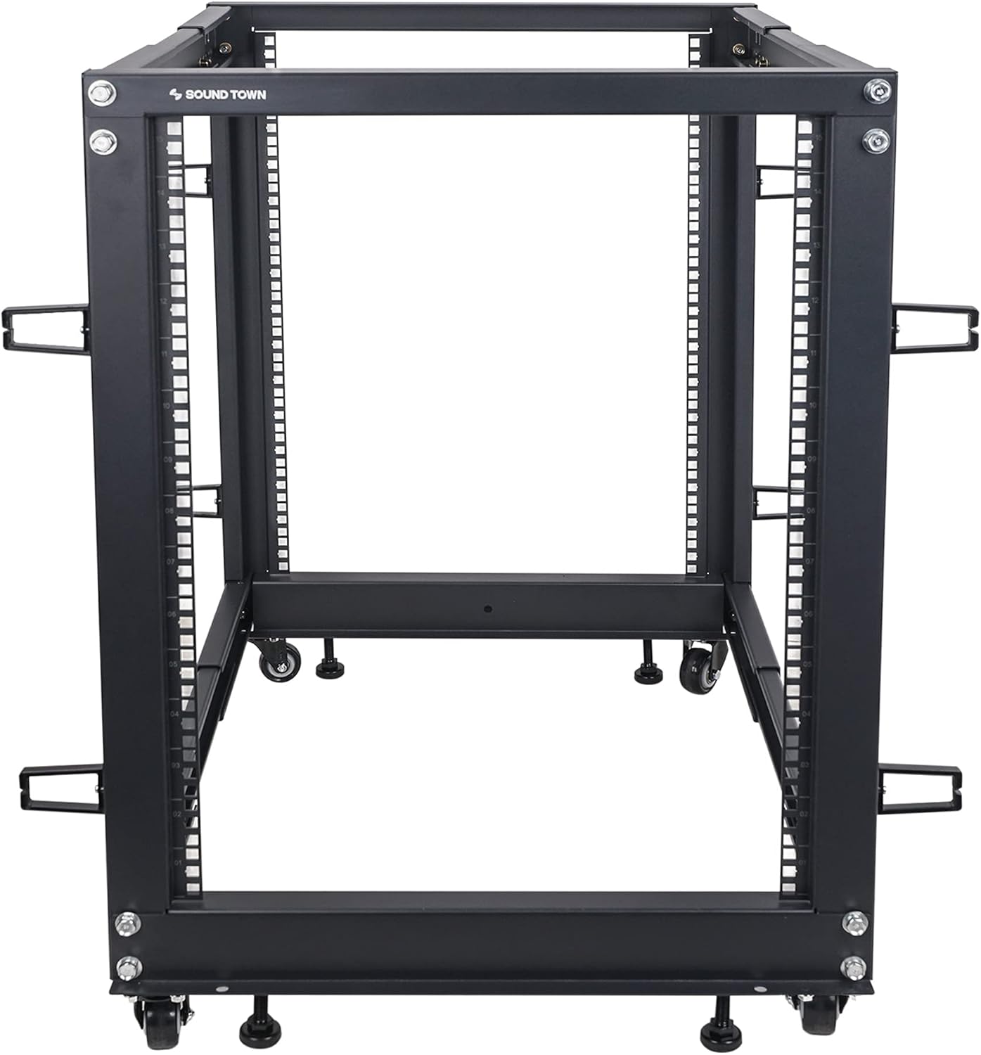 Sound Town 4-Post 12U Open Frame Sever and Network Equipment Rack with Adjustable Depth 22-40, Casters, Levelers, Cable Management (ST4POF-A12U)