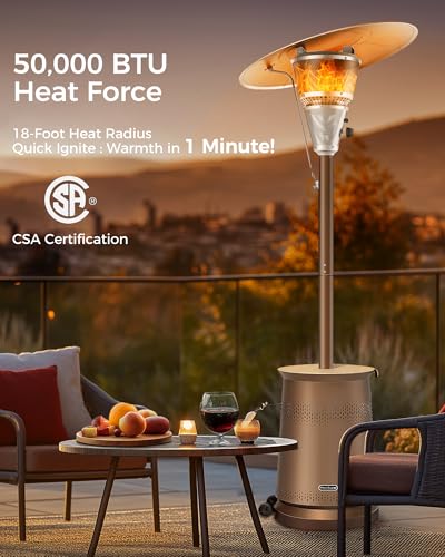50,000 BTU Patio Heater for Outdoor Use With Adjustable Heat Focusing Top, Propane Patio Heater with Wheels