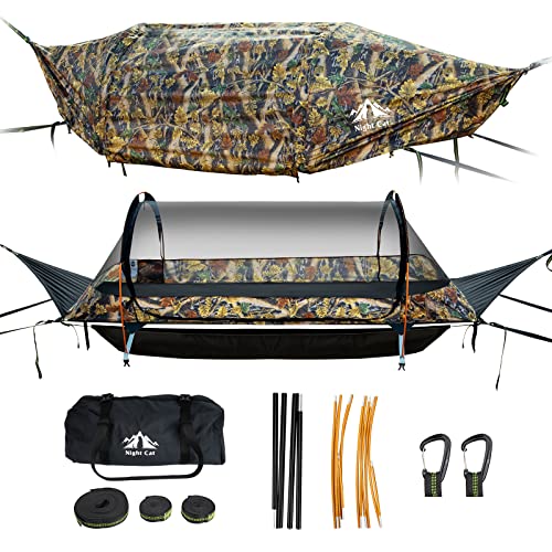 Night Cat Flat Lay Hammock Tent with Mosquito Net Waterproof Rainfly Storage Room for 1 Person Backpacking Hiking Camping Lightweight 440LBS