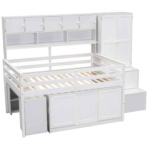 Harper & Bright Designs Full Size Loft Bed with Wardrobe, Wooden Full Loft Bed Frame Big Storage with Under-Bed Desk, Drawers and Shelves, Gray