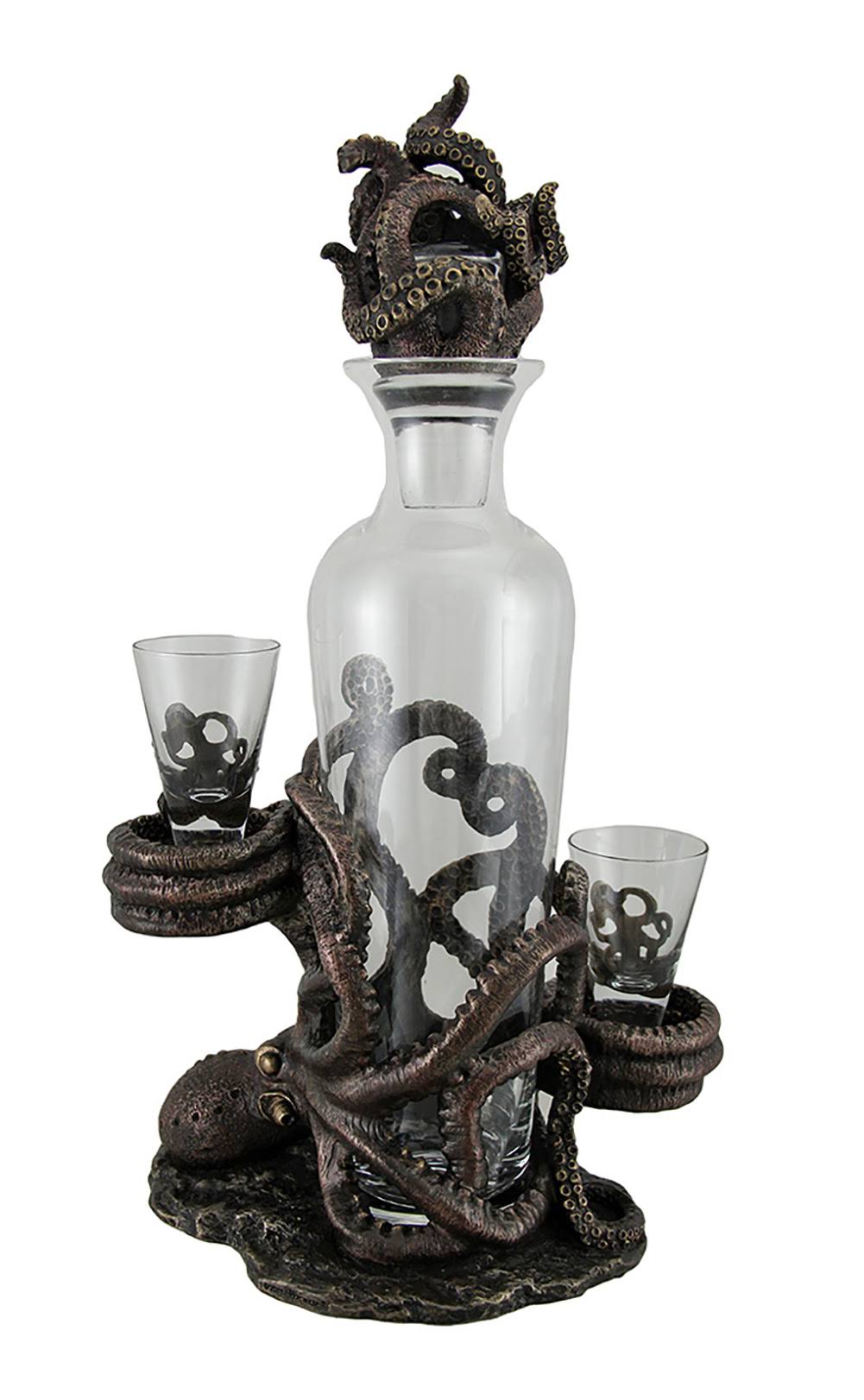 Veronese Octopus Spirit Decorative Antique Bronze Finish Statue and Glass Decanter Set