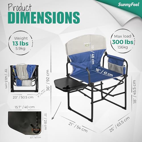 SUNNYFEEL Oversized Camping Directors Chair 2 Pack, Portable Folding Lawn Chairs for Adults Heavy Duty with Side Table,Pocket for Beach, Fishing