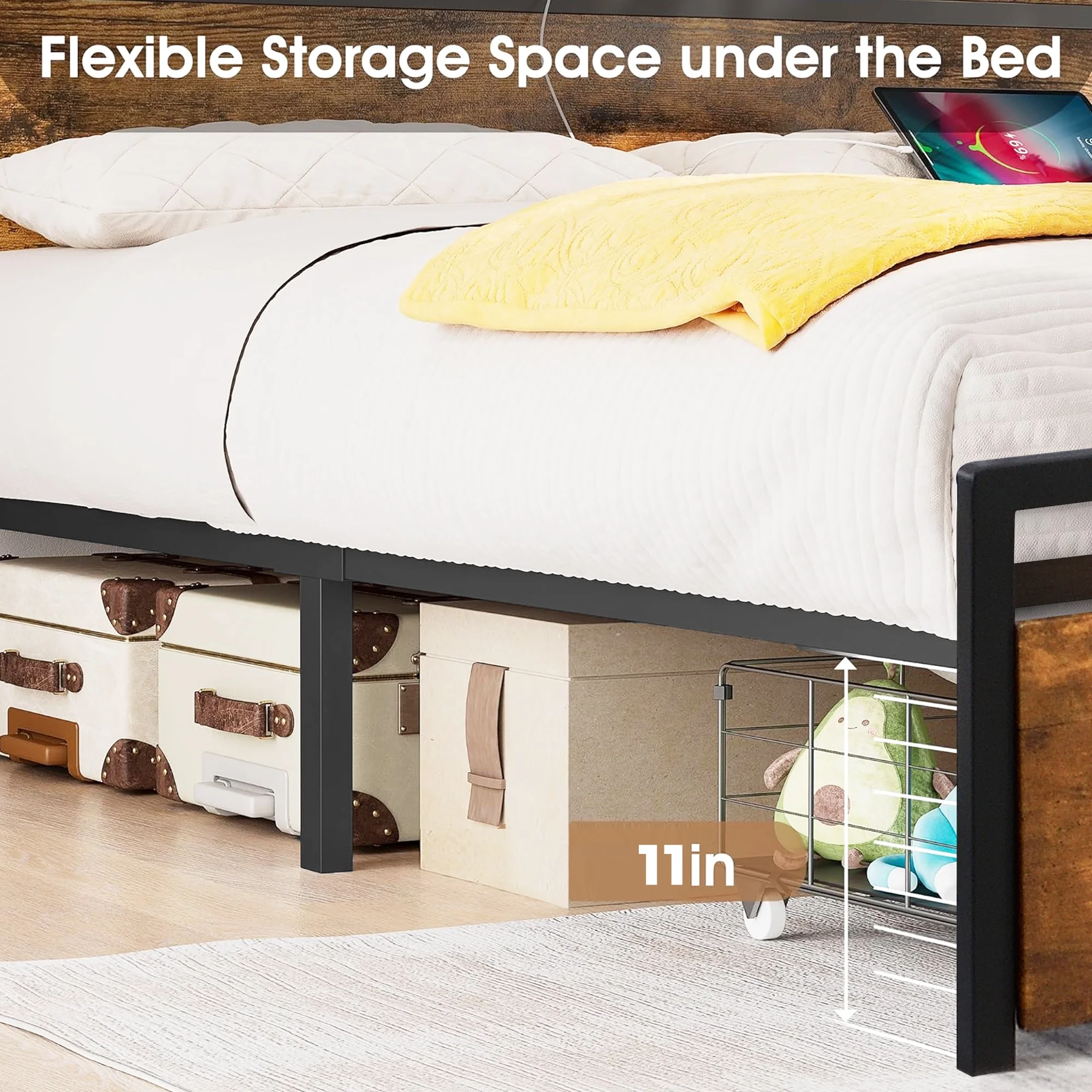 Full Size Bed Frame with Storage Headboard Charging Station USB Outlet