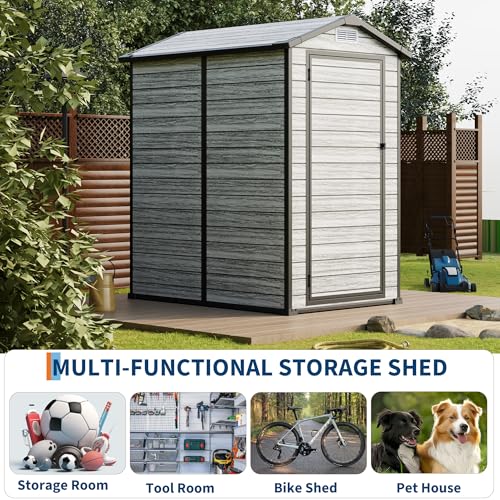 All-Weather Resin Shed with Window, Outdoor Plastic Garden Shed with Lockable Door and Vents, Outdoor Resin Storage Sheds for Tool, Bike, Backyard