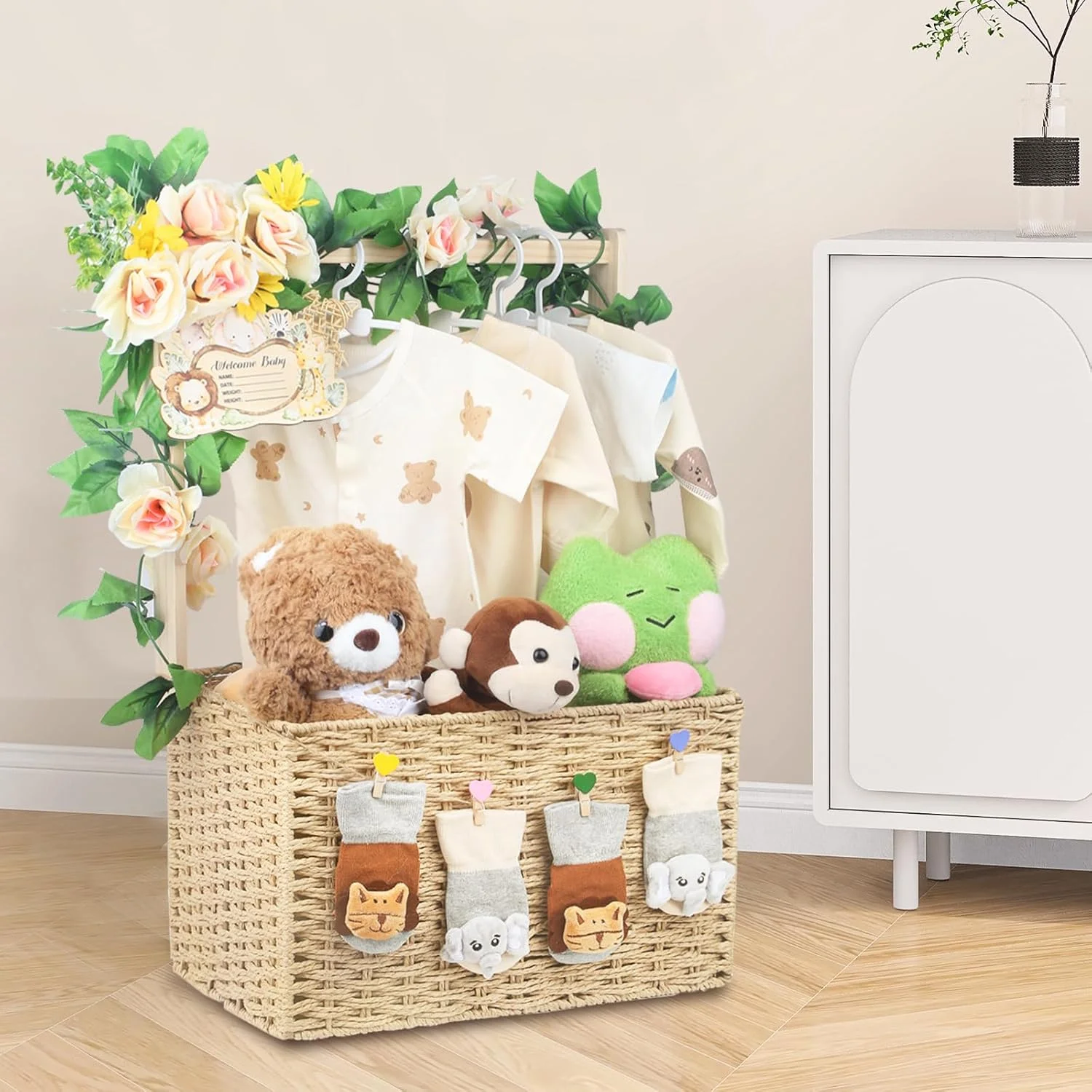 Wooden Baby Shower Crate Closet, Foldable Handwoven Storage Basket for Baby Shower Gifts, Welcome Gift Basket for Newborn Boys Girls
