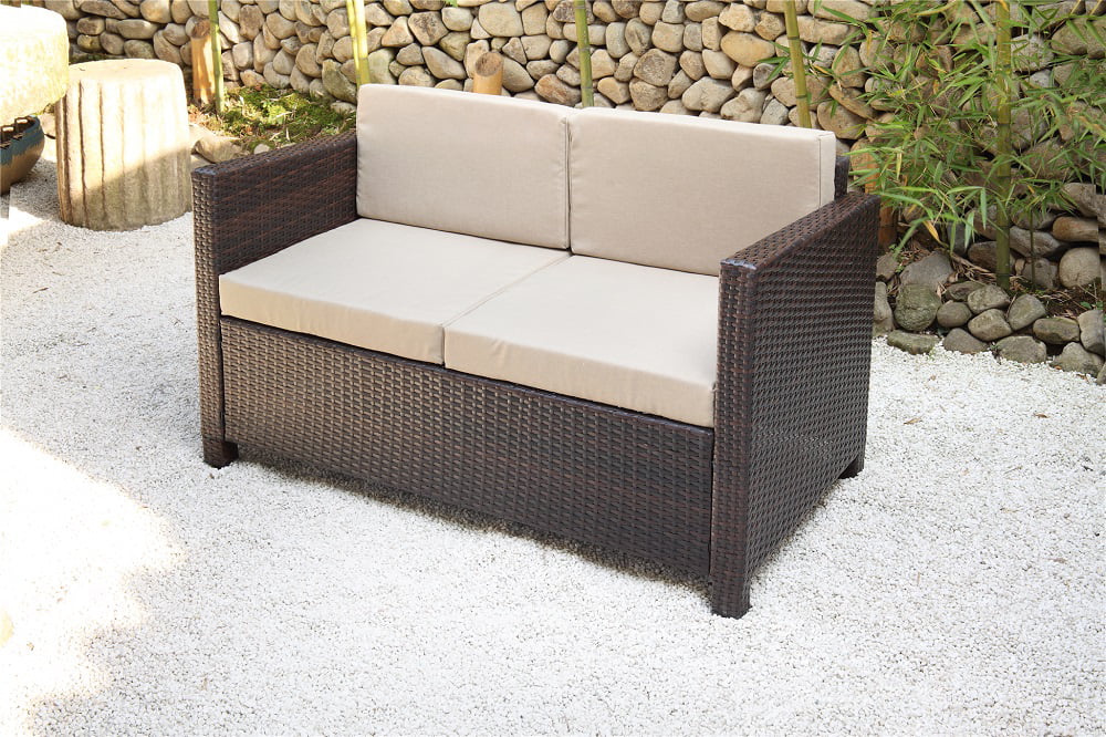 Superjoe Outdoor Patio Furniture Set 5 Pcs Conversation Set Wicker Sectional Sofa Steel Frame Chair and Table Gray Rattan Beige Cushions