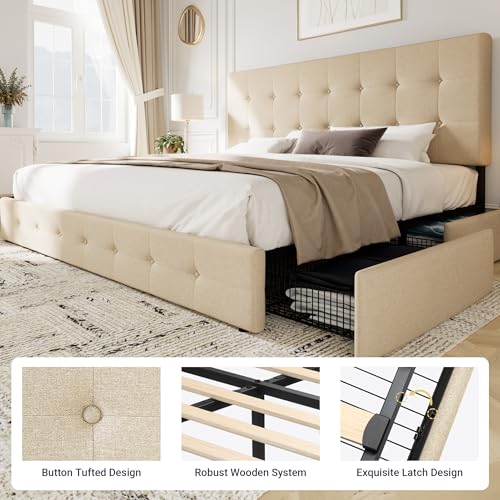 Allewie Upholstered Queen Size Platform Bed Frame with 4 Storage Drawers and Headboard, Square Stitched Button Tufted
