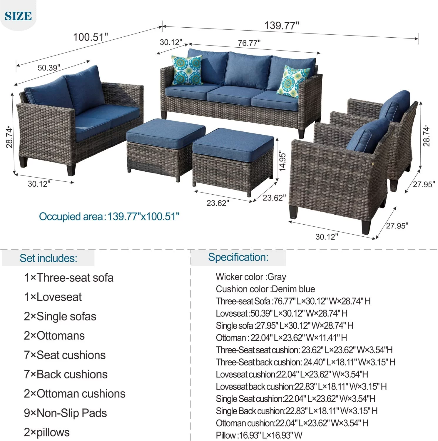 Ovios 6 Pieces Outdoor Patio Furniture All-Weather Sectional Sofa with Loveseat for Lawn, Steel Frame