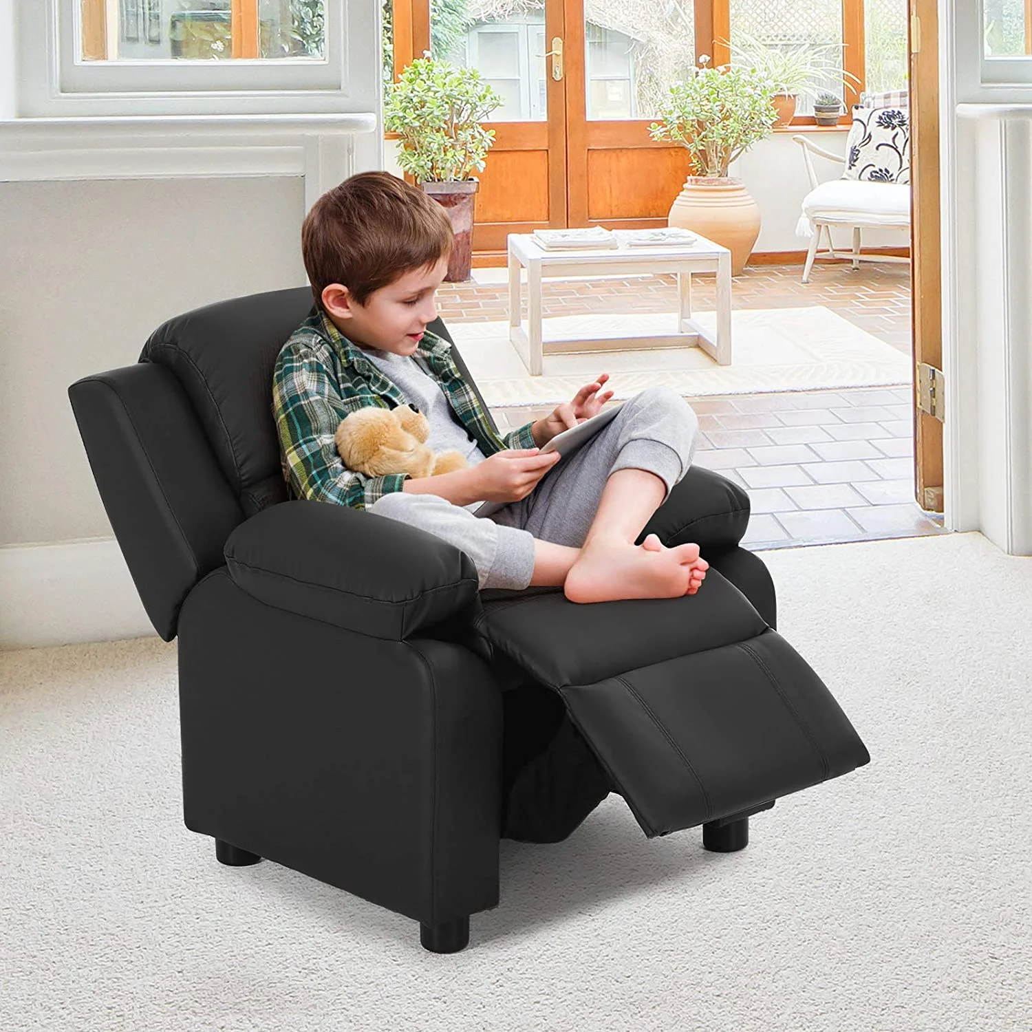 Kids Recliner, Leather Recliner Chair w/Footrest, Armrest Storage, Headrest & Lumbar Support, Ergonomic Lounge Chair for Living & Gaming Room