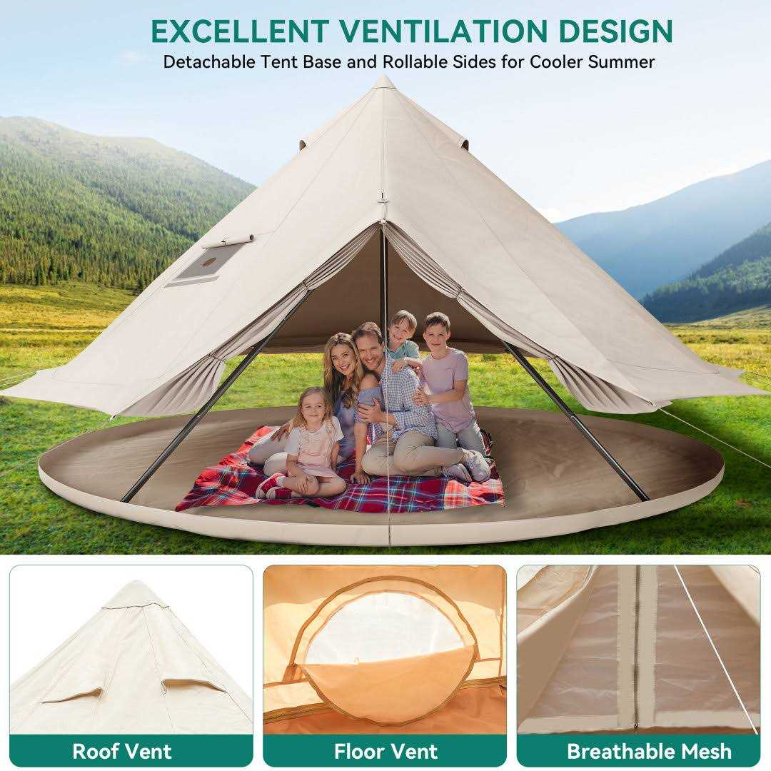 Dextrus Camping Tent 4 Seasons Glamping Bell Tent Waterproof with Stove Jacks &amp; 4 Breathable Windows Cotton for Outdoor Family Party