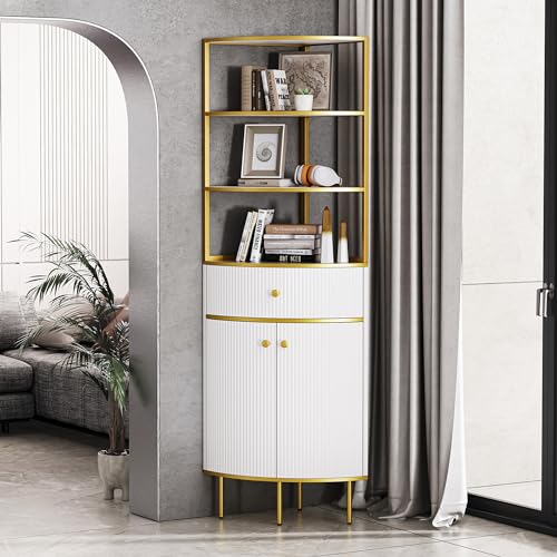 Modern Tall Corner Cabinet, 74.8" Corner Bookshelf with Storage Corner Bookcase with 1 Drawer and 2 Doors