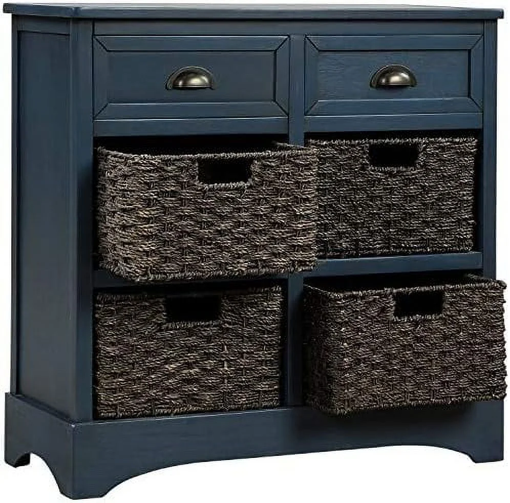HOOMHIBIU Farmhouse Wicker  Cabinet with 2 Drawers and 4 Baskets  Living Room Bedroom Wooden Chest of Drawers  Fully Assembled  28" W x 11.8"