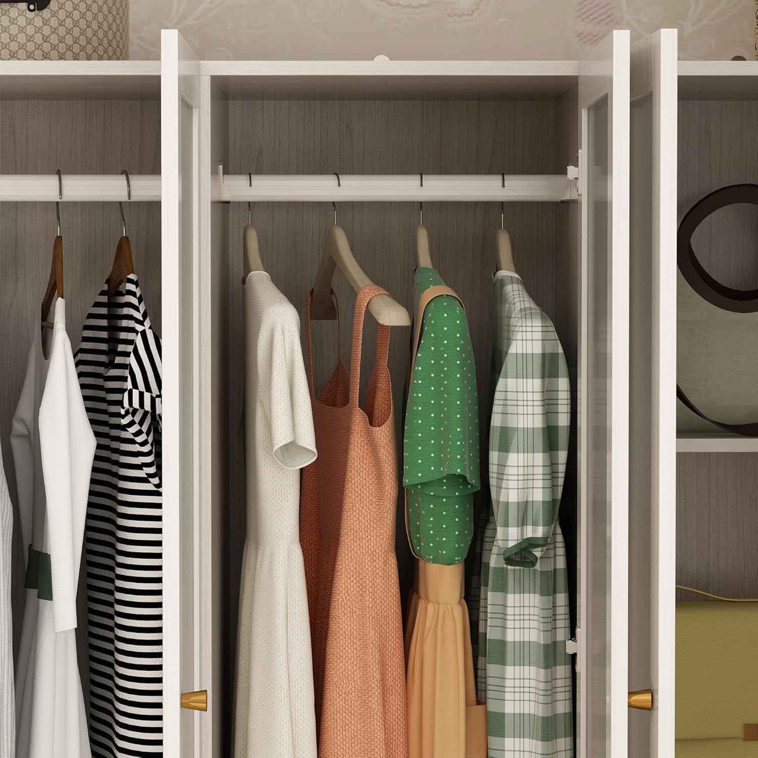 Homsee Extra Large L-Shape Armoire Wardrobe Closet with 6 Frosted Glass Doors, Hanging Bars, Shelves & Drawers