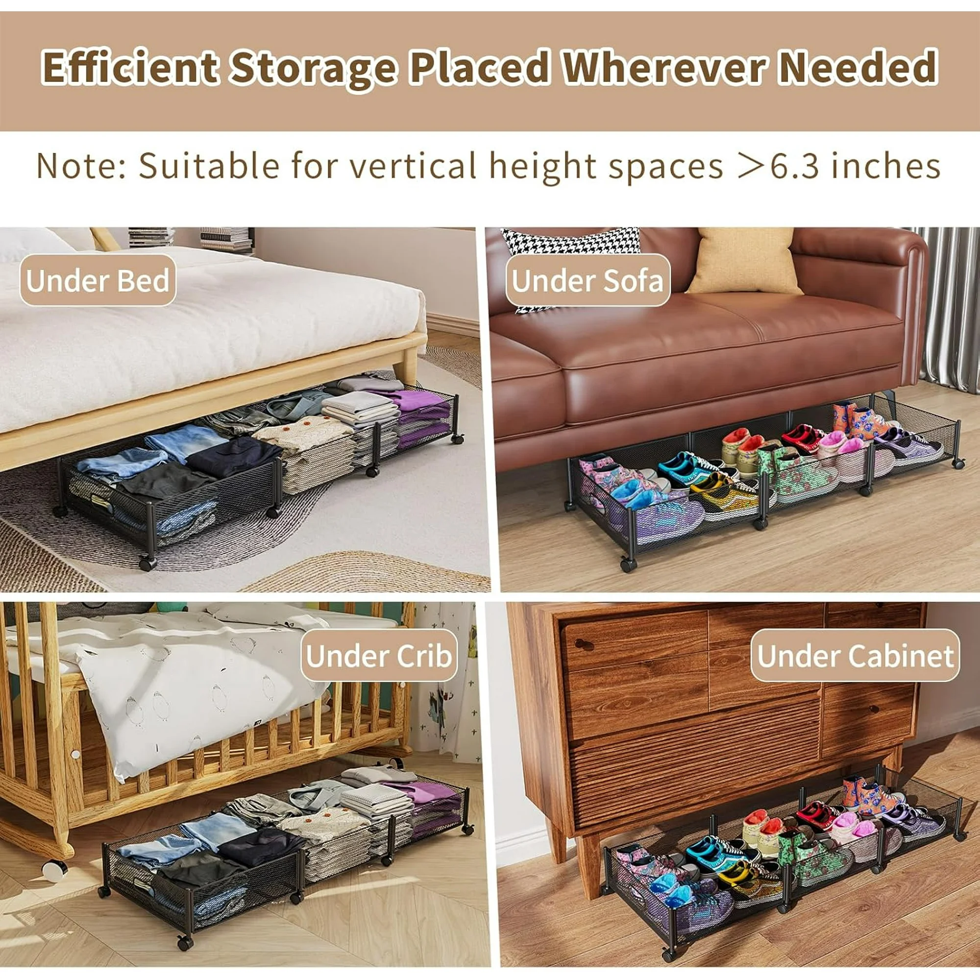 47.2'' Long Under Bed Storage on Wheels, 57.6L Large Capacity Rolling Under the Bed Storage Containers