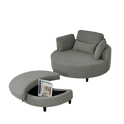 51.2" W Oversized Accent Barrel Chair Comfy Corduroy Upholstery Round Leisure Armchair w/Adjustable Headrest,4 Pillows