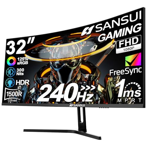 SANSUI 32 Inch Curved 240Hz Gaming Monitor High Refresh Rate, FHD 1080P Gaming PC Monitor HDMI DP1.4, Curved 1500R, 1Ms MPRT, HDR,Metal Stand