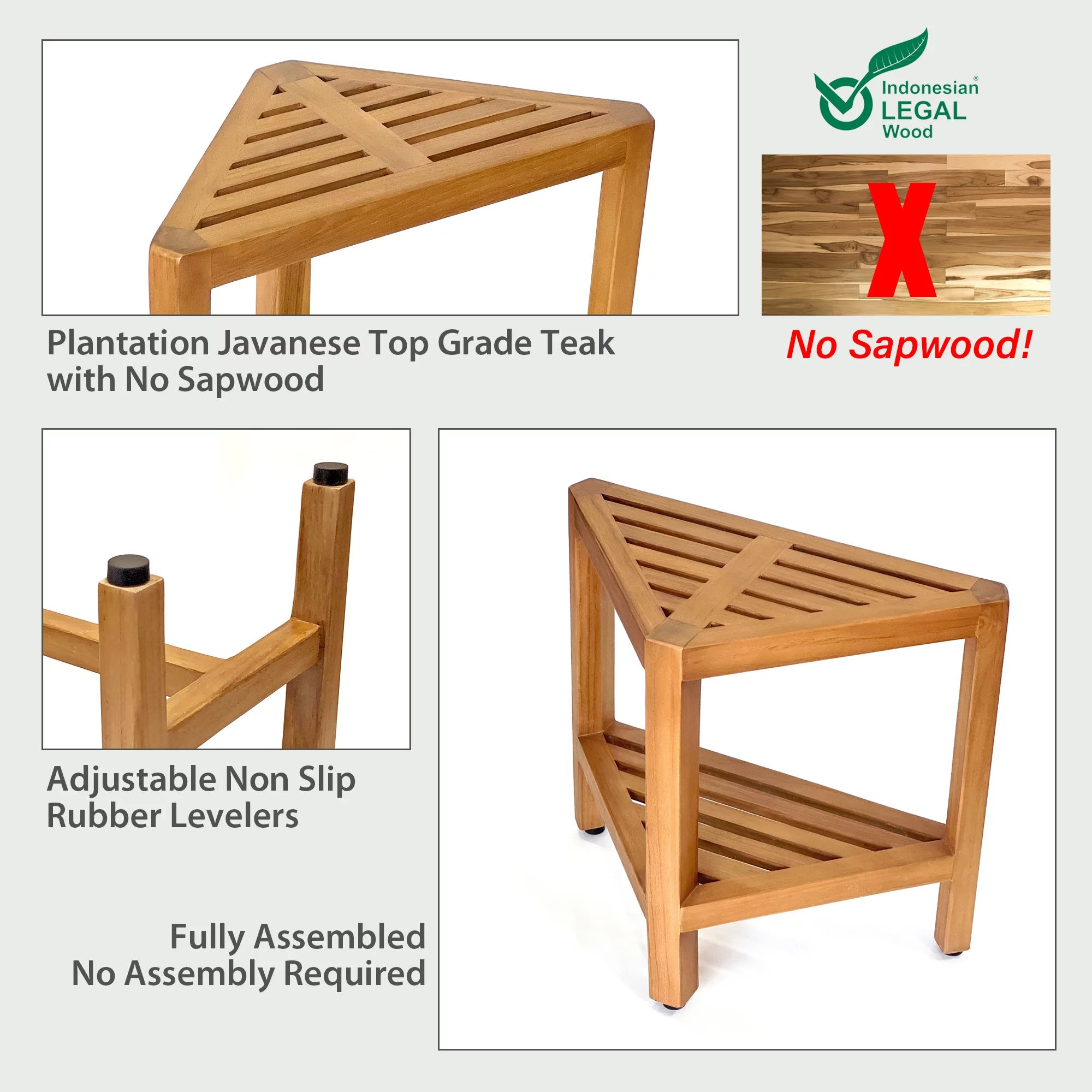 Asta Bora Solid Teak Fully Assembled Shower/Bath/Spa Corner Stool/Side Table, SPATEAK Collection, TB-009