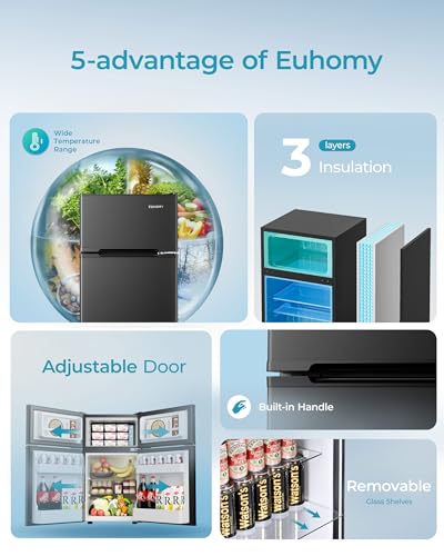EUHOMY Mini Fridge with Freezer, 3.2 Cu.Ft Mini Refrigerator, Dorm Fridge with 2 Door For Bedroom/Apartment/Office-Food Storage Cooling Drink, Black