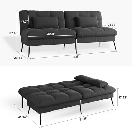 COMHOMA Convertible Futon Sofa Bed, 68″Fabric Futon Couch with Adjustable Backrest, Folding Futon Sleeper Recliner for Living Room Furniture (Black)
