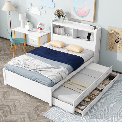 Full Size Storage Bed with Bookcase Headboard and Trundle, Wood Platform Bed Frame with Charging Station