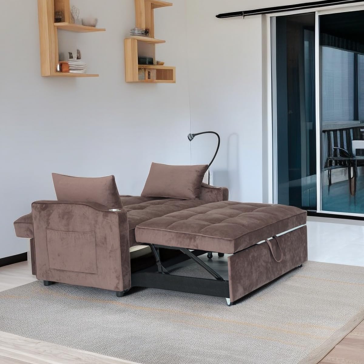 Lazy Sofa Bed, Modern Sleeper Reclining Bed, Living Room Soft Sofa, Pull Out Sofa Chair with Pillow and Convertible Backrest