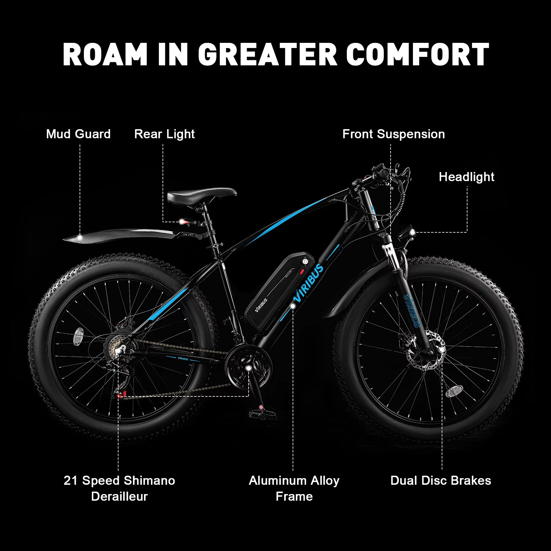 Viribus Electric Mountain Bike for Adults 26" 500W Fat Tire eBike with 36V Battery Blue