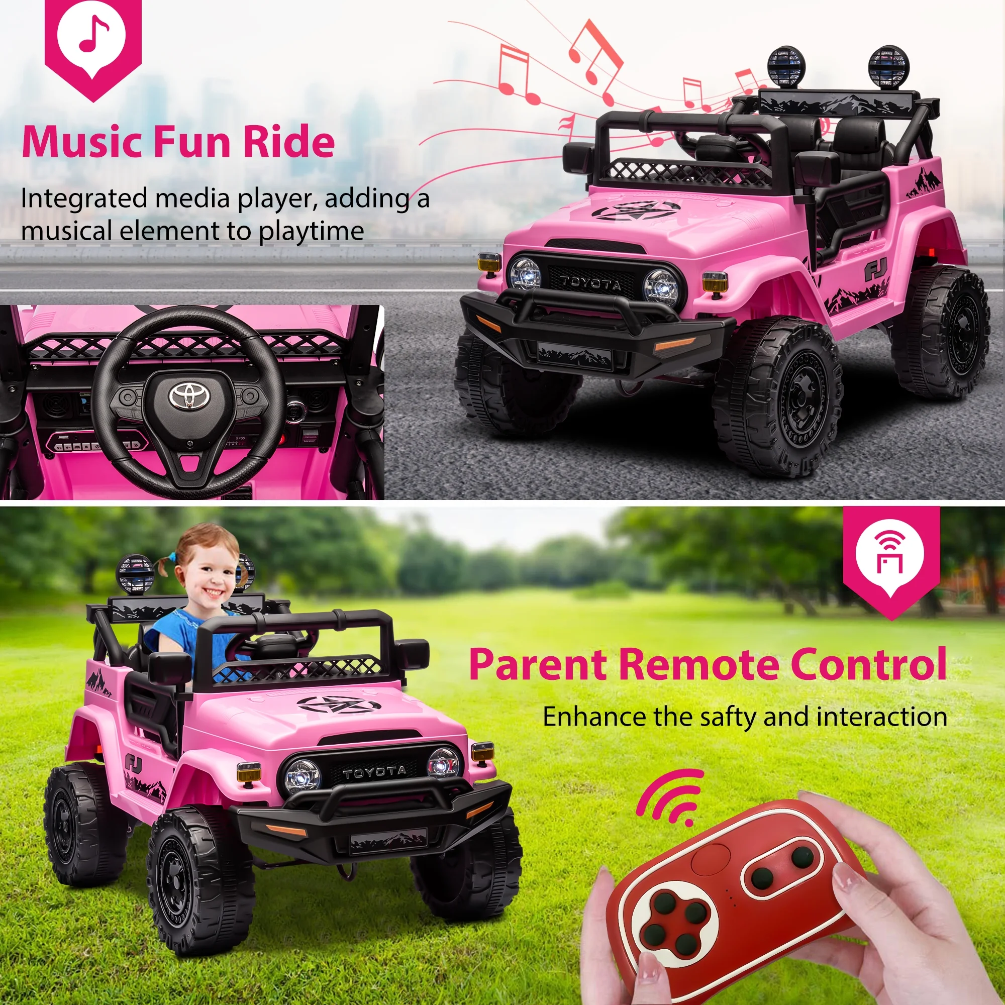 12V Ride on Cars with Remote Control, Licensed Toyota FJ Cruiser Ride on Trucks Vehicle with Bluetooth, Music, MP3/USB Port