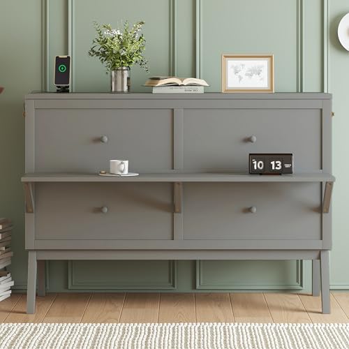 KEIKI Queen Size Cabinet Murphy Bed with Charging Station, Drawers, Removable Shelves, Multiple Storage Foldable Hideaway Wall Murphy Bed Frame
