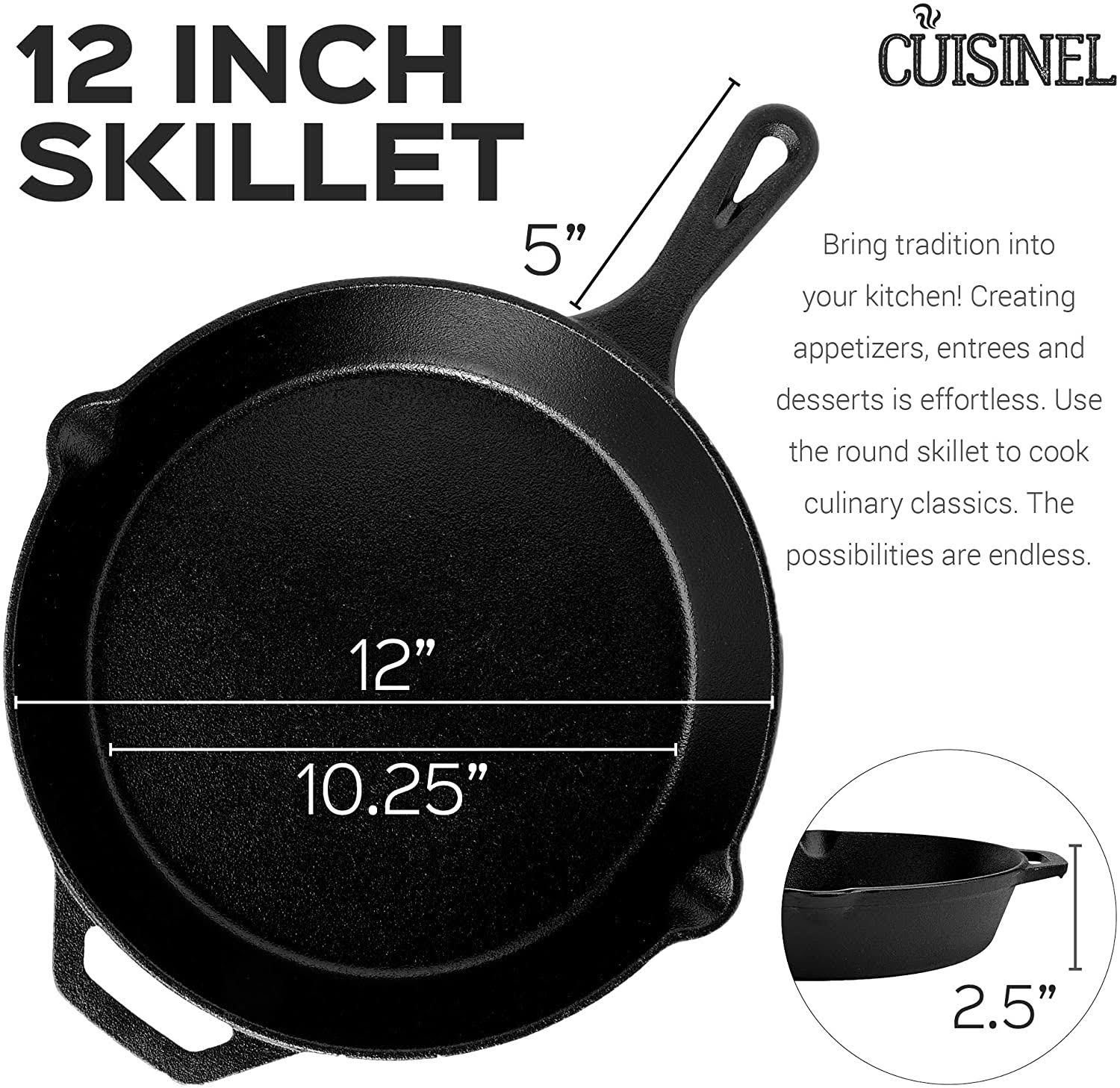 Pre-Seasoned Cast Iron Skillet 3-Piece Chef Set 8-Inch 10-Inch 12-Inch Oven Safe