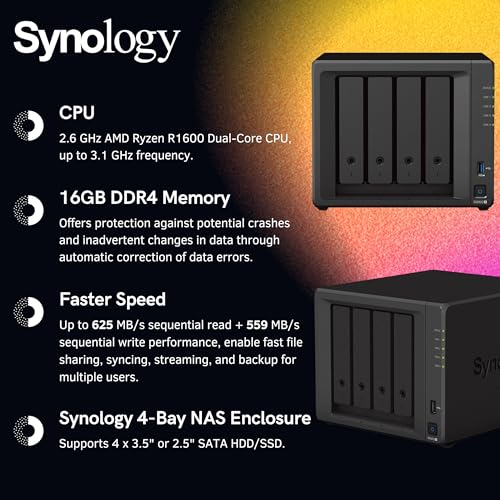 Synology DiskStation DS923+ 4-Bay NAS Enclosure Server, Network Attached Storage, Data Management Solution, AMD Ryzen R1600 Dual-Core up to 3.1 GHz
