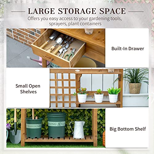 Outsunny Potting Bench Table, Garden Work Bench, Outdoor Wooden Workstation with Tiers of Shelves and Drawer for Patio, Courtyards, Balcony, Brown