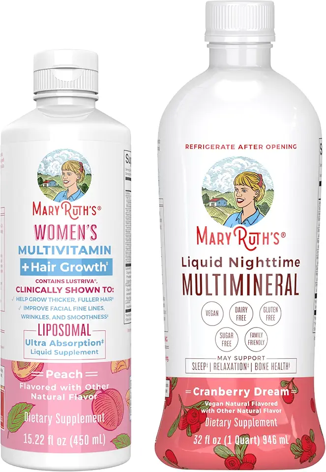 MaryRuth's Women's Multivitamin + Hair Growth Liposomal (Peach) & Liquid Nighttime Multimineral (Cranberry) | Clean Label Project Verified® | USDA
